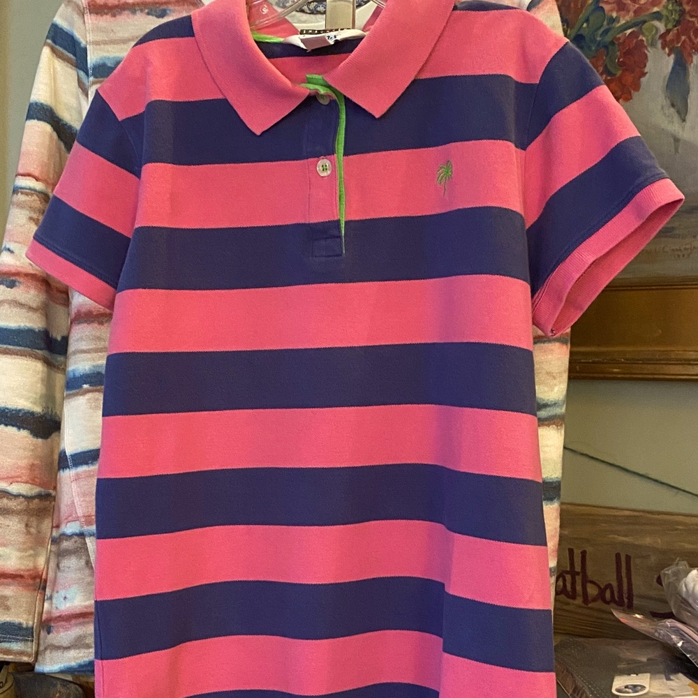 Lilly Pulitzer Shrunken Short Sleeve Polo Shirt Pink Blue Striped Woman’s Small